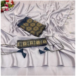 Satin Solid Saree With Unstitched Blouse (Grey, 5-5 Mtrs)