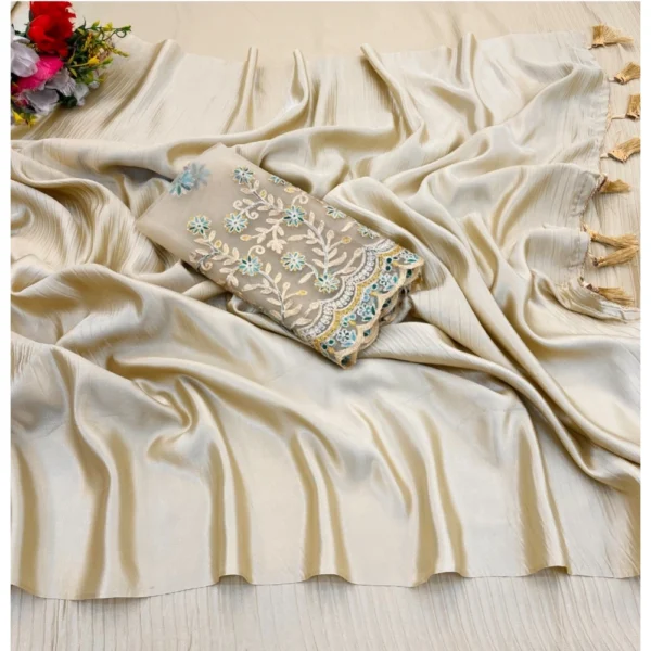 Satin Solid Saree With Unstitched Blouse (Yellow, 5-5 Mtrs)