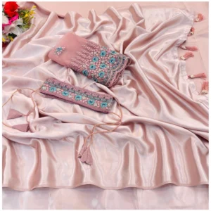 Satin Solid Saree With Unstitched Blouse (Pink, 5-5 Mtrs)