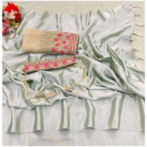 Satin Solid Saree With Unstitched Blouse (Peach, 5-5 Mtrs)