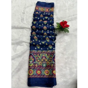 Chiffon Printed Saree With Unstitched Blouse (Navy, 5-5 Mtrs)