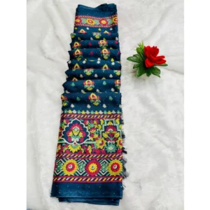 Chiffon Printed Saree With Unstitched Blouse (Teal, 5-5 Mtrs)