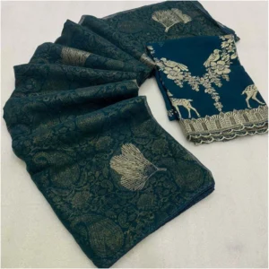 Georgette Printed Saree With Unstitched Blouse (Light Green, 5-5 Mtrs)