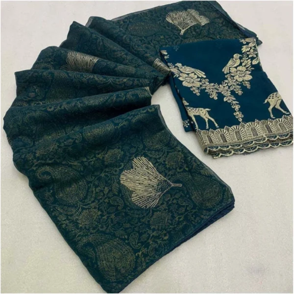 Georgette Printed Saree With Unstitched Blouse (Light Green, 5-5 Mtrs)
