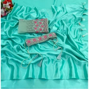Satin Solid Saree With Unstitched Blouse (Skyblue, 5-5 Mtrs)