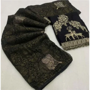 Georgette Printed Saree With Unstitched Blouse (Black, 5-5 Mtrs)