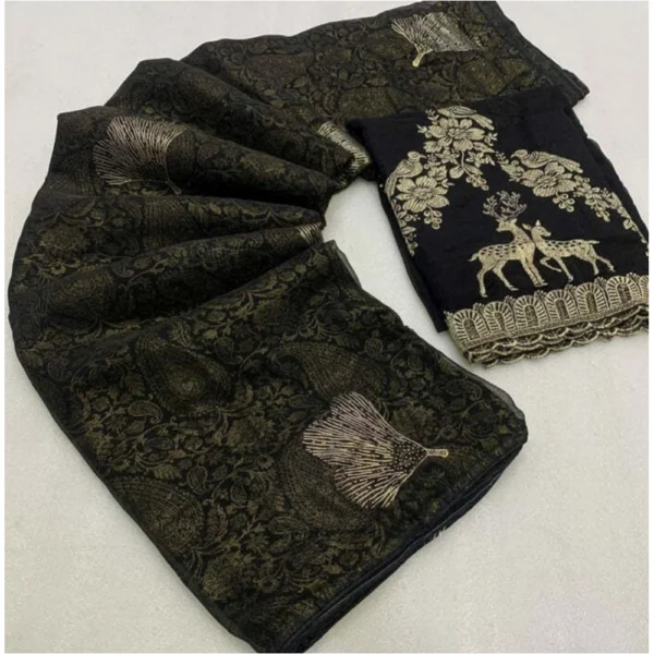 Georgette Printed Saree With Unstitched Blouse (Black, 5-5 Mtrs)