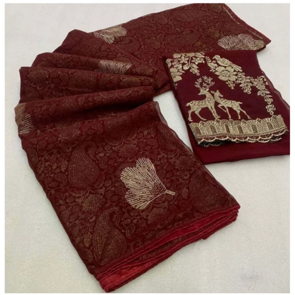 Georgette Printed Saree With Unstitched Blouse (Maroon, 5-5 Mtrs)