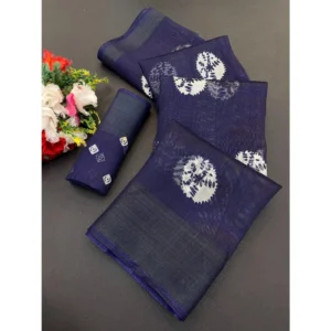 Cotton Blend Printed Saree With Unstitched Blouse (Dark Blue, 5-5 Mtrs)