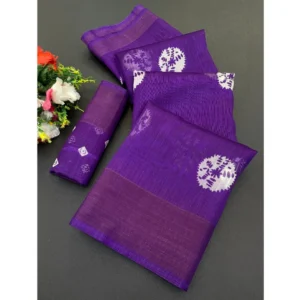Cotton Blend Printed Saree With Unstitched Blouse (Purple, 5-5 Mtrs)