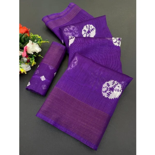Cotton Blend Printed Saree With Unstitched Blouse (Purple, 5-5 Mtrs)