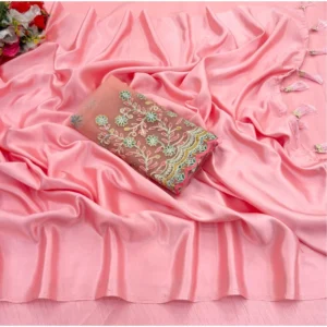 Satin Solid Saree With Unstitched Blouse (Pink, 5-5 Mtrs)
