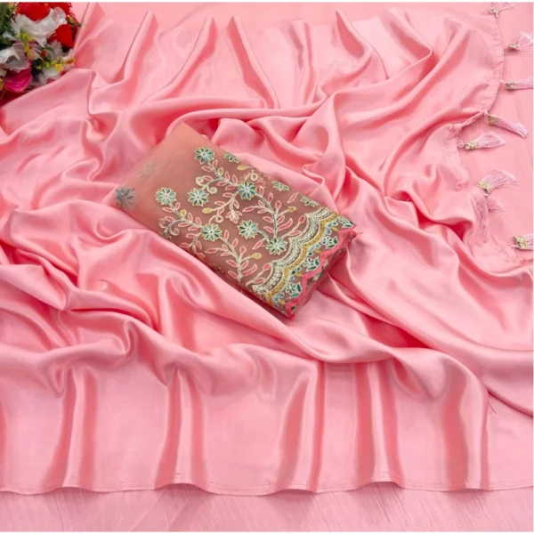 Satin Solid Saree With Unstitched Blouse (Pink, 5-5 Mtrs)