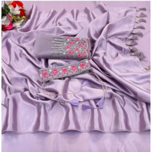 Satin Solid Saree With Unstitched Blouse (Purple, 5-5 Mtrs)