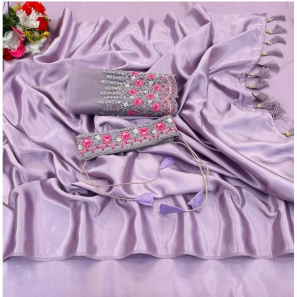 Satin Solid Saree With Unstitched Blouse (Purple, 5-5 Mtrs)