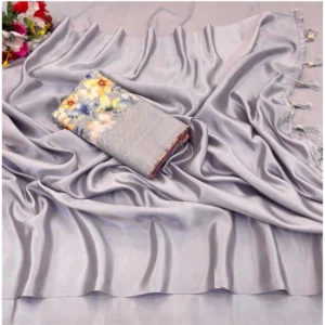 Satin Solid Saree With Unstitched Blouse (Lightgrey, 5-5 Mtrs)