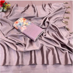 Satin Solid Saree With Unstitched Blouse (Lavender, 5-5 Mtrs)