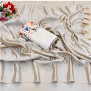 Satin Solid Saree With Unstitched Blouse (White, 5-5 Mtrs)