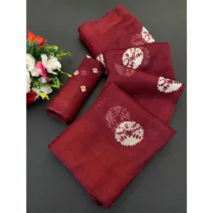 Cotton Blend Printed Saree With Unstitched Blouse (Maroon, 5-5 Mtrs)