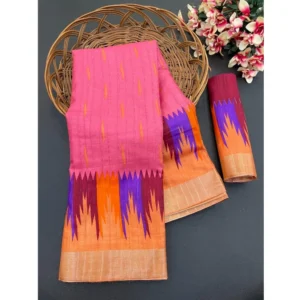 Cotton Blend Printed Saree With Unstitched Blouse (Pink, 5-5 Mtrs)