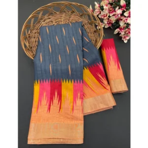 Cotton Blend Printed Saree With Unstitched Blouse (Black, 5-5 Mtrs)