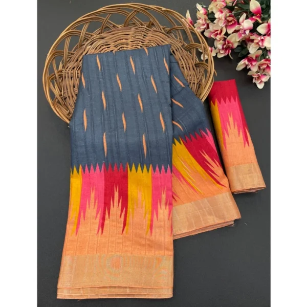 Cotton Blend Printed Saree With Unstitched Blouse (Black, 5-5 Mtrs)