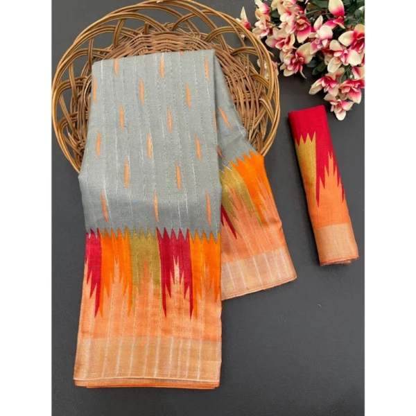 Cotton Blend Printed Saree With Unstitched Blouse (Grey, 5-5 Mtrs)