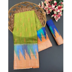 Cotton Blend Printed Saree With Unstitched Blouse (Dark Green, 5-5 Mtrs)