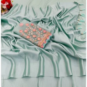 Satin Solid Saree With Unstitched Blouse (Skyblue, 5-5 Mtrs)