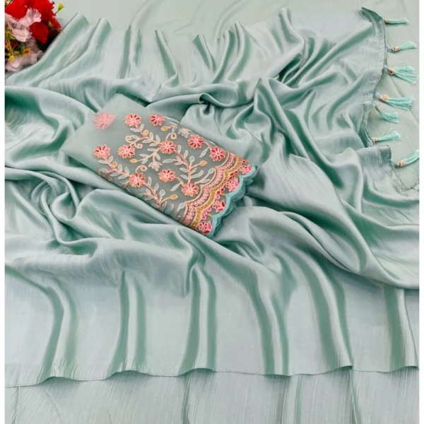 Satin Solid Saree With Unstitched Blouse (Skyblue, 5-5 Mtrs)