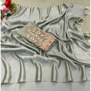 Satin Solid Saree With Unstitched Blouse (Grey, 5-5 Mtrs)