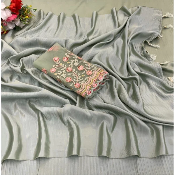 Satin Solid Saree With Unstitched Blouse (Grey, 5-5 Mtrs)