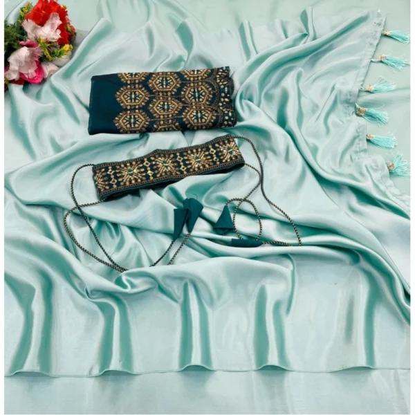 Satin Solid Saree With Unstitched Blouse (Skyblue, 5-5 Mtrs)