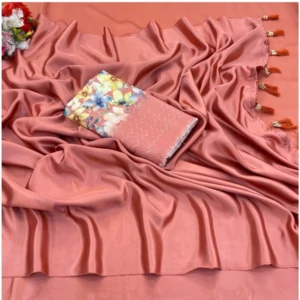 Satin Solid Saree With Unstitched Blouse (Orange, 5-5 Mtrs)
