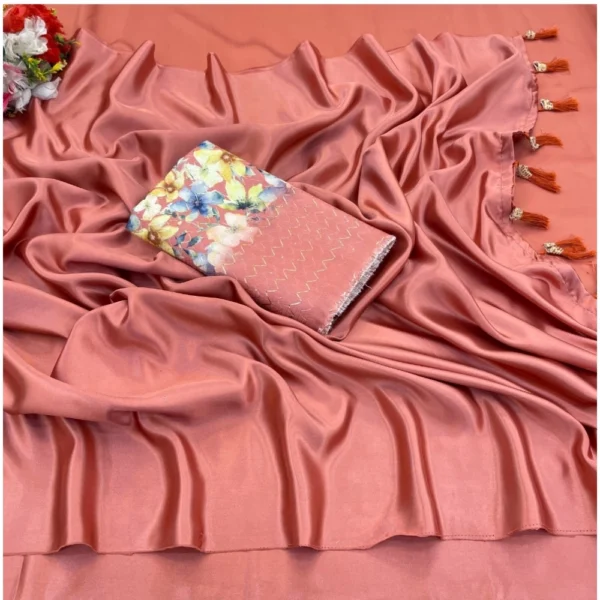Satin Solid Saree With Unstitched Blouse (Orange, 5-5 Mtrs)