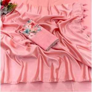 Satin Solid Saree With Unstitched Blouse (Peach, 5-5 Mtrs)