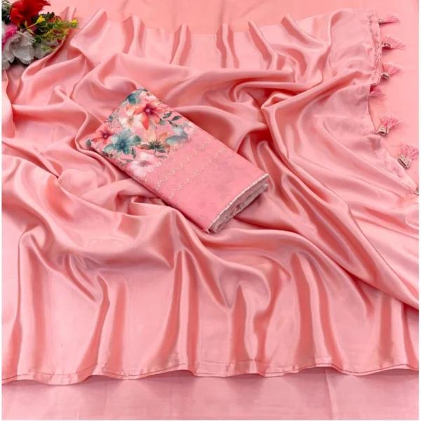 Satin Solid Saree With Unstitched Blouse (Peach, 5-5 Mtrs)