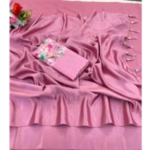 Satin Solid Saree With Unstitched Blouse (Pink, 5-5 Mtrs)
