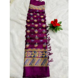 Silk Blend Printed Saree With Unstitched Blouse (Wine, 5-5 Mtrs)