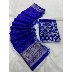 Georgette Printed Saree With Unstitched Blouse (Blue, 5-5 Mtrs)