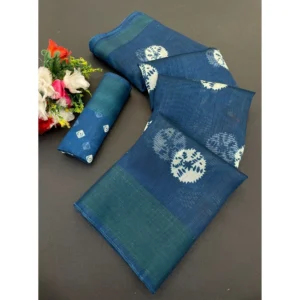 Cotton Blend Printed Saree With Unstitched Blouse (Blue, 5-5 Mtrs)