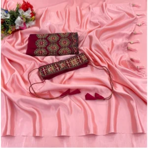 Satin Solid Saree With Unstitched Blouse (Pink, 5-5 Mtrs)