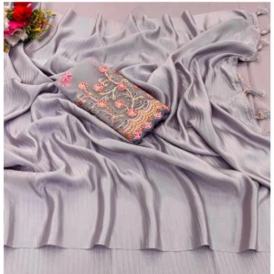 Satin Solid Saree With Unstitched Blouse (Purple, 5-5 Mtrs)