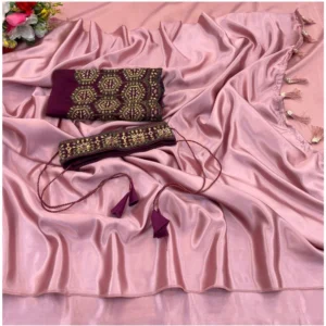 Satin Solid Saree With Unstitched Blouse (Wine, 5-5 Mtrs)