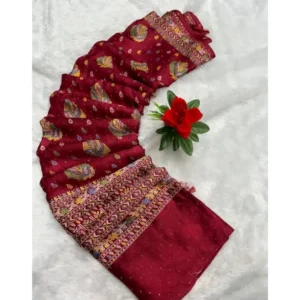 Chiffon Printed Saree With Unstitched Blouse (Red, 5-5 Mtrs)