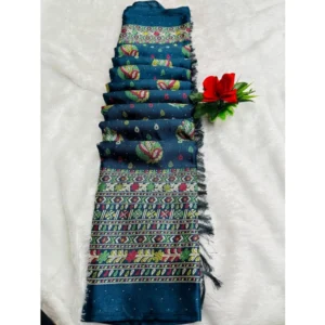 Chiffon Printed Saree With Unstitched Blouse (Teal, 5-5 Mtrs)