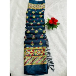 Silk Blend Printed Saree With Unstitched Blouse (Teal, 5-5 Mtrs)