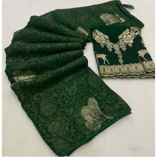 Georgette Printed Saree With Unstitched Blouse (Green, 5-5 Mtrs)