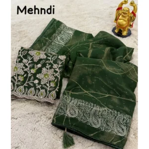 Georgette Printed Saree With Unstitched Blouse (Green, 5-5 Mtrs)