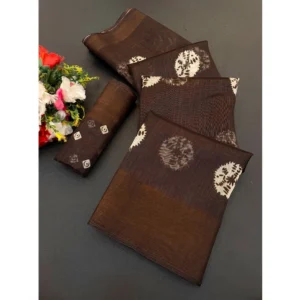 Cotton Blend Printed Saree With Unstitched Blouse (Brown, 5-5 Mtrs)